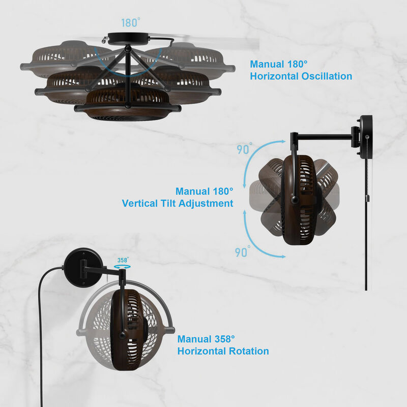 12.9 in. Walnut and Black 2-Speed Wall Mount Fan with Pull Chain and Plug