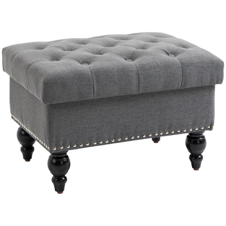 HOMCOM Ottoman with Storage for Living Room, 25" Storage Ottoman with Removable Lid, Button-Tufted Fabric Bench for Footrest and Seat with Wood Legs, Gray