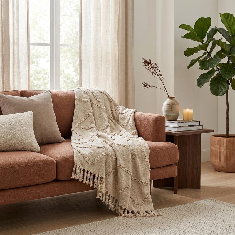 HomeRoots 50" X 60" Natural Cotton Woven Floral Throw Blanket with Tassels and Fringe image number 1