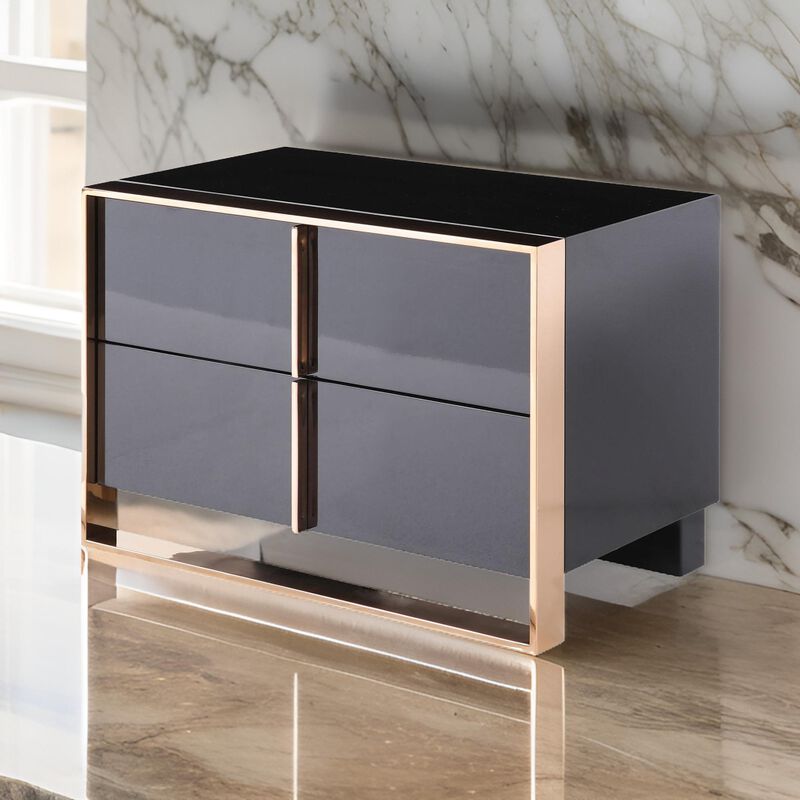 Caer Nightstand, 2 Drawers, Modern Rose Gold Stainless Steel, Black - Benzara