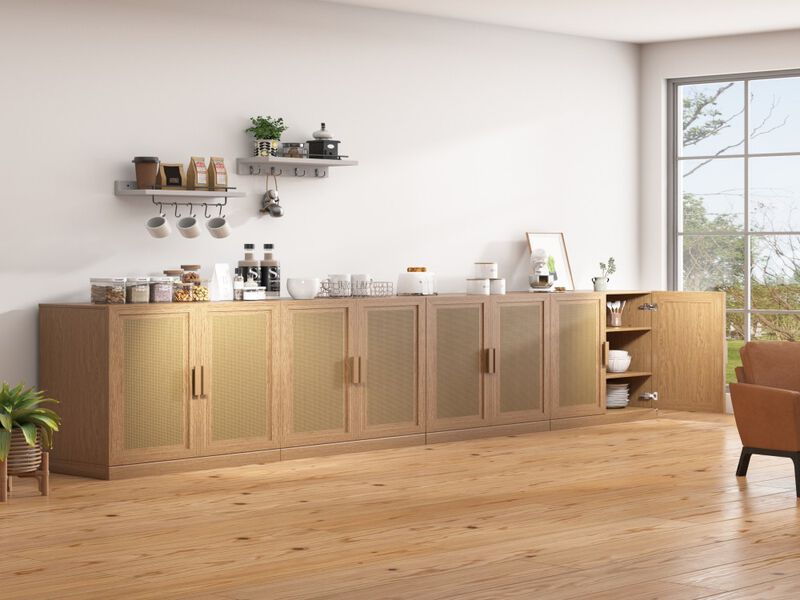 62" High Wicker Door Wood Grain Decorative Storage Cabinet with 12 Shelves