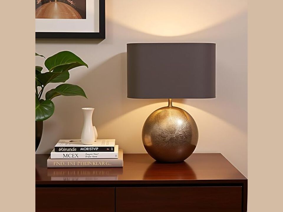 Modern Metal Table Lamp with Antique Gold Finish and Rectangular Lampshade