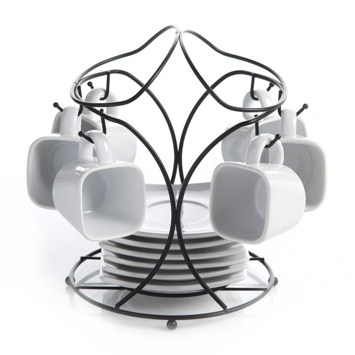 Gibson Elite Gracious Dining 13-Piece Porcelain Espresso and Saucer Set with Metal Rack