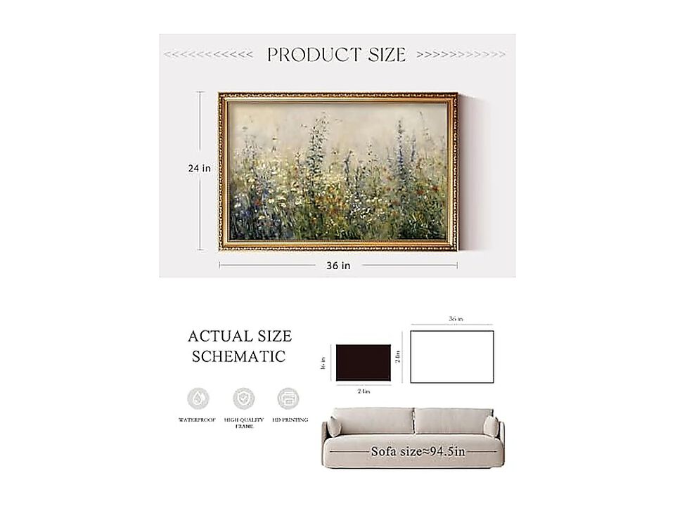 Large Vintage Gold Framed Floral Wall Art Living Room Bedroom Dining Meadow