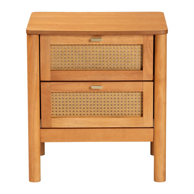 Baxton Studio Jenn Golden Brown Wood Japandi 2 Drawer Nightstand with Distressed Finished Rattan