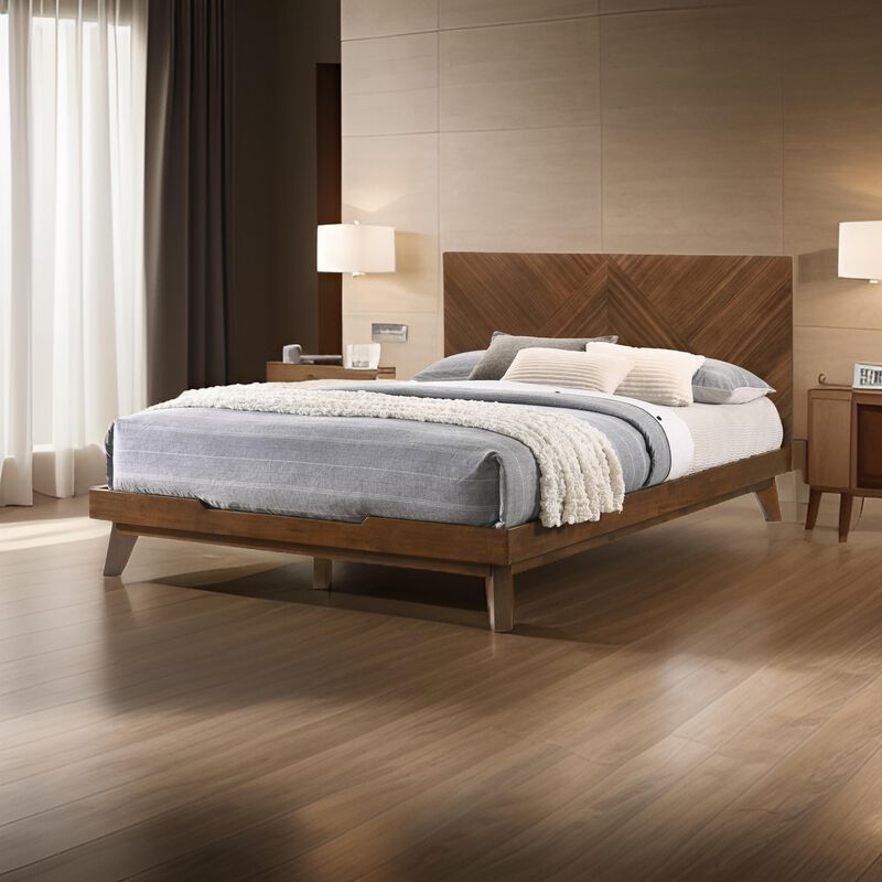 Soer King Size Bed, Chevron Pattern Tall Headboard, Walnut Brown Solid Wood - Benzara
