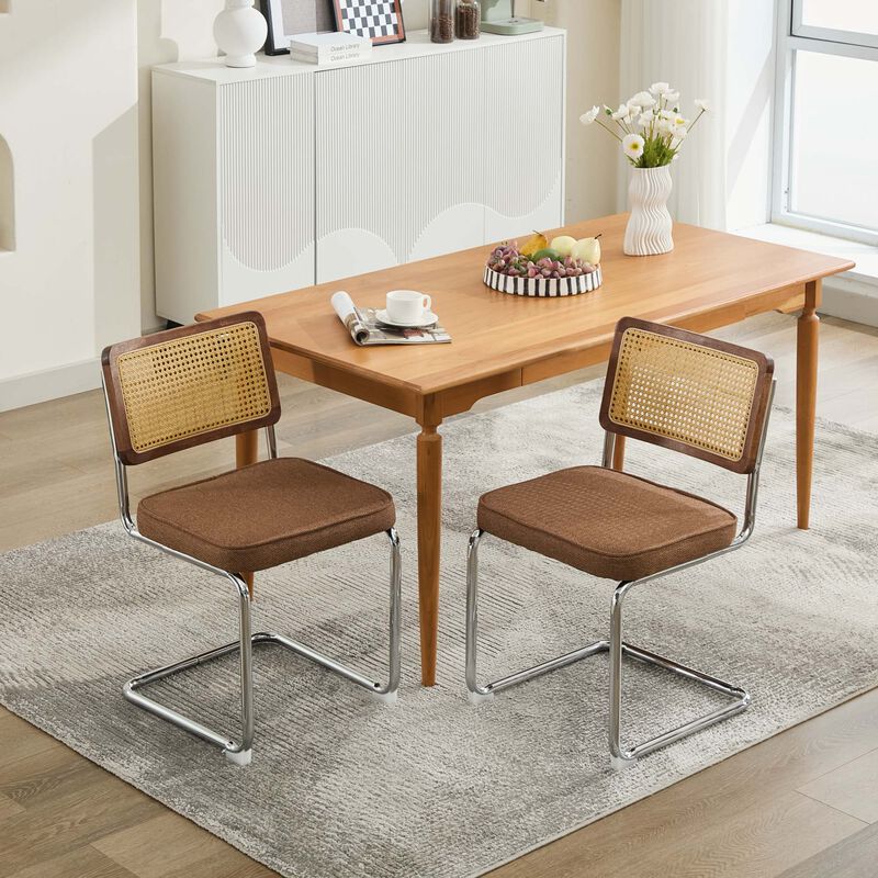 Whisen 2-Piece Mid Century Dining Chairs, Linen Upholstered with Cane Back & Chrome Base, Cantilever Design for Kitchen image number 3