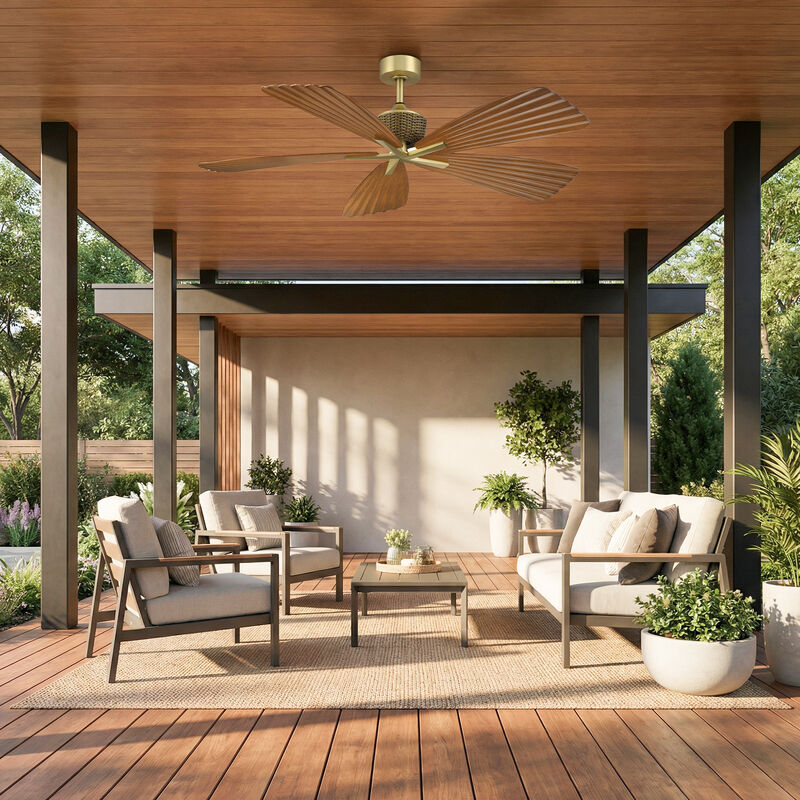 56" Tropical Brown Pleated Leaf Blades Reversible Ceiling Fan with Remote, No Light image number 4