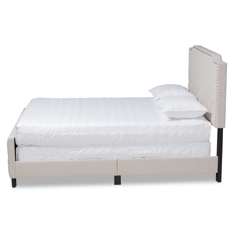Baxton Studio Marion Transitional Cream Fabric Upholstered Button Tufted Queen Size Panel Bed