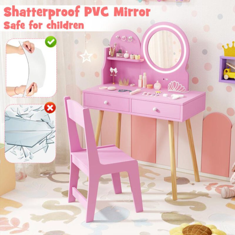 Hivvago Kids Princess Makeup Dressing Desk and Chair Set with Mirror and Lights