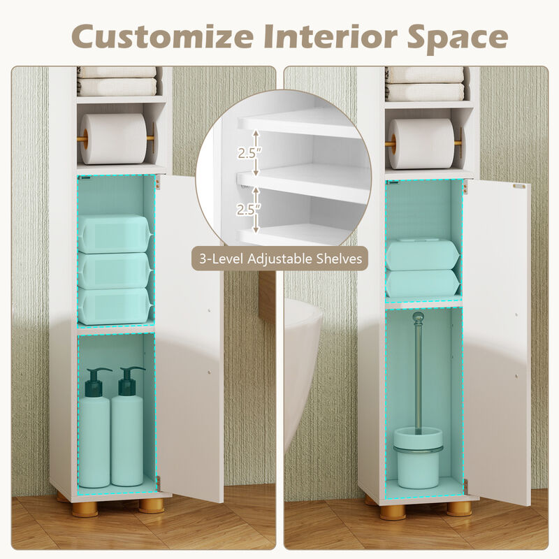 Freestanding Narrow Bathroom Cabinet with Open Shelves and Toilet Paper Holder image number 4