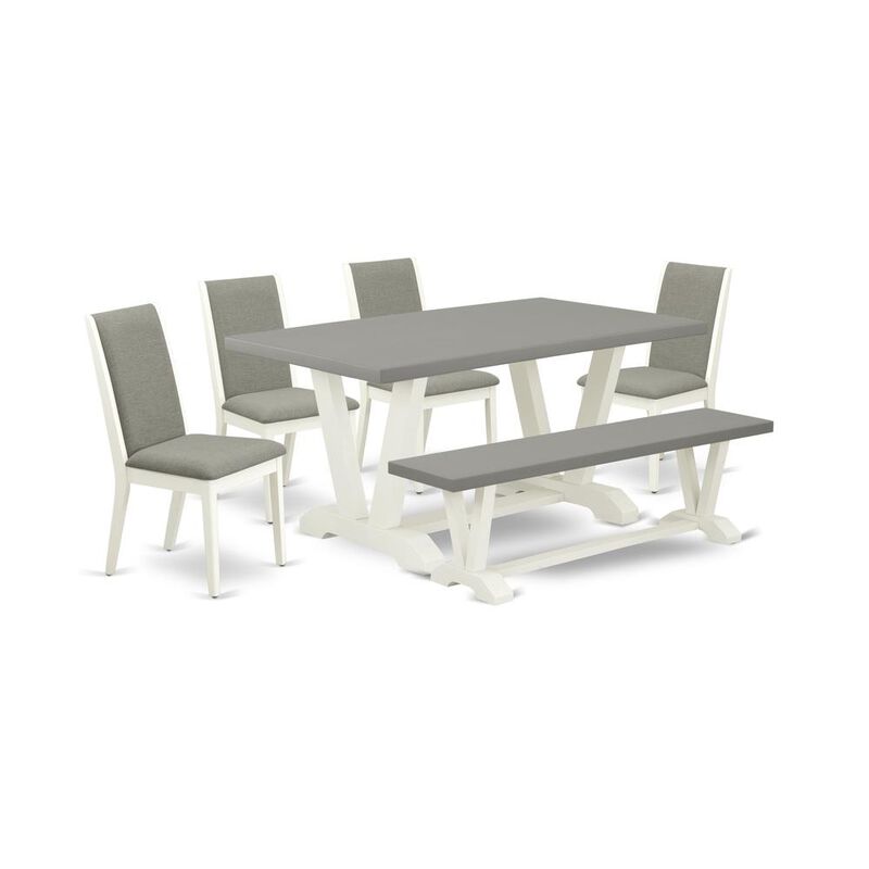 East West Furniture V096LA206-6 6-Piece Stylish Dining Set a Good Cement Color Kitchen Rectangular Table Top and Cement Color Wood Bench and 4 Stunning Linen Fabric Padded Chairs with Stylish Chair Ba