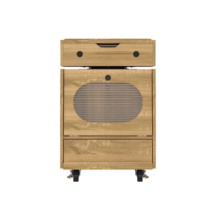 FUFU&GAGA Modern Robot Design Nightstand with 360° Swivel Top, Glass Door and Drawer, Touch LED Lighting, (18.9 in. W x 16.8 in. D x 29.4 in. H), Brown