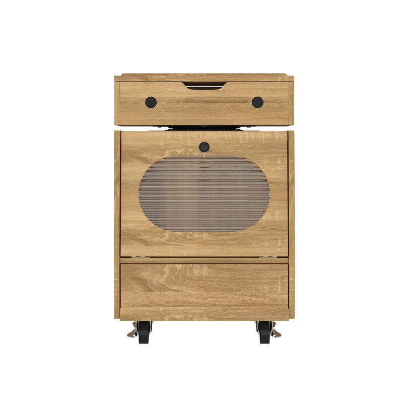 FUFU&GAGA Modern Robot Design Nightstand with 360° Swivel Top, Glass Door and Drawer, Touch LED Lighting, (18.9 in. W x 16.8 in. D x 29.4 in. H), Brown