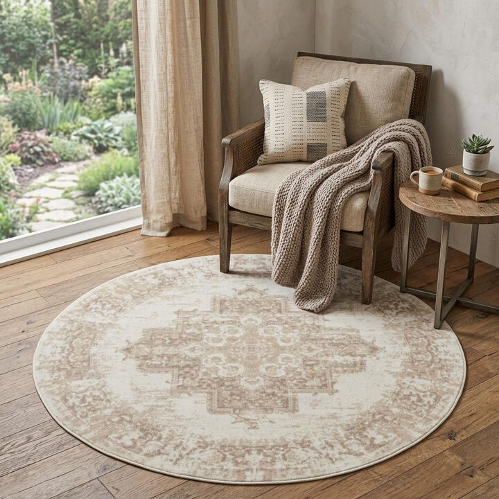HomeRoots Floral Power Loom Worn Faded Round Rug