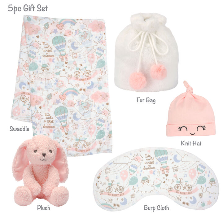 Lambs & Ivy 5 Piece Pink/White Bunny Infant/Newborn Baby Gift Set w/ Swaddle