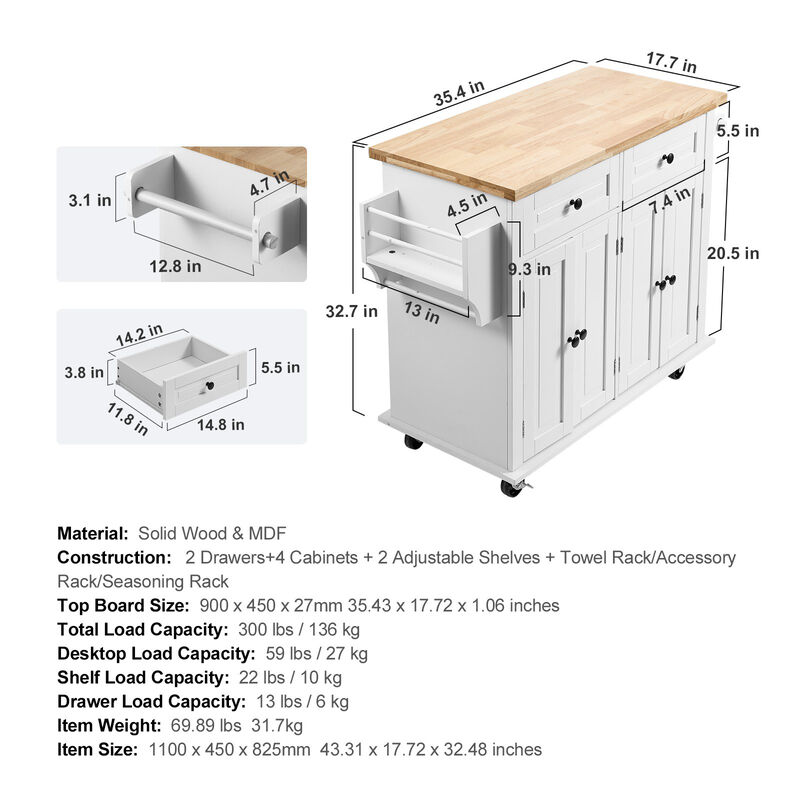 Rolling Kitchen Island Cart with Wood Top, Drawer, Cabinet, Spice & Towel Rack