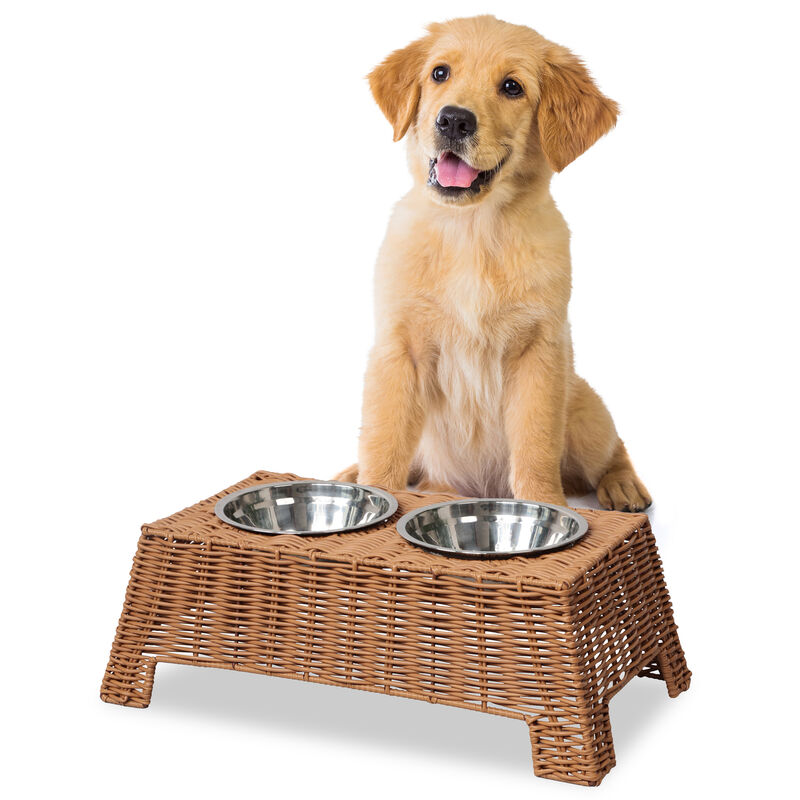 Serenity 6.9" Elevated Wicker Pet Feeder with 18oz (2.2 Cups) 2-Stainless Steel Bowls image number 0