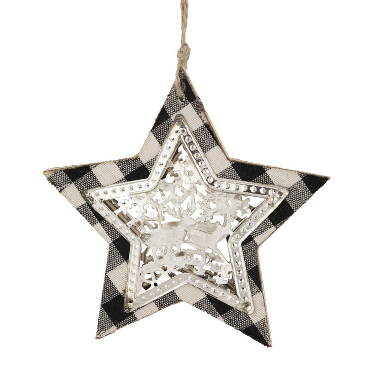 5" Black and White Buffalo Plaid Star with Reindeer Christmas Ornament