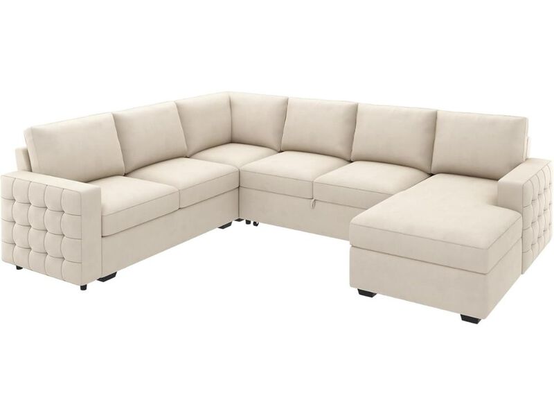 Sectional Sleeper Sofa with Pull Out Bed Storage U Shape Velvet Couch Beige Living Room image number 0
