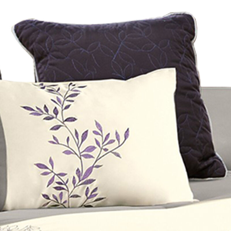 7 Piece Queen Polyester Comforter Set with Leaf Embroidery, Gray and Purple - Benzara