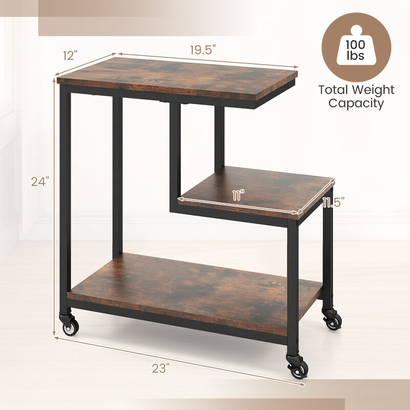 3-Tier Rolling Side Table with G-Shaped Frame and Open Display Shelves