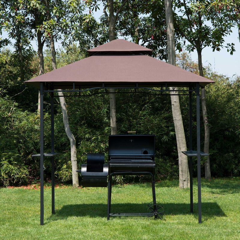 BBQ Grill Gazebo: 8' Patio Canopy with 2 Tier, Flame Retardant Cover, Storage