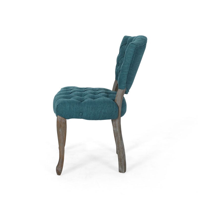 Dining Chair Set of 2, Button Tufted Teal Fabric Design, Rubberwood - Benzara