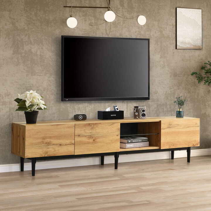 Modern TV Stand with 4 Cabinets& Open Shelves, Color-matching Media Console Table for TVs up to 80'' with LED Light, Entertainment Center with Drop Down Door for Living Room, Bedroom, Home Theatre