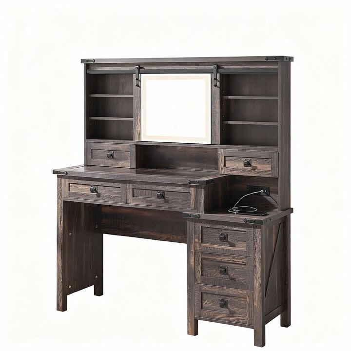 Farmhouse Vanity Desk, 42" Glass Top, Sliding Lighted Mirror, 4 Drawers & Shelves