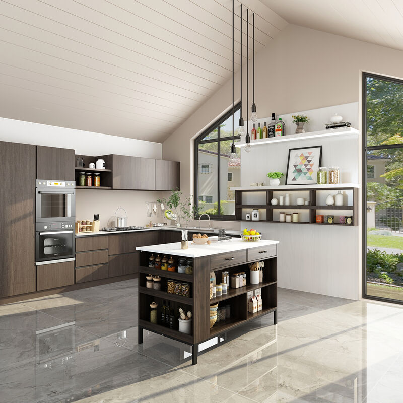 Stationary Kitchen Island with 2 Drawers & Open Shelves, Kitchen Island Table with Metal Legs, Bar Table Island Table Brown and Marble White (55.1&rdquo;W x 30&rdquo;D x 36&rdquo;H)