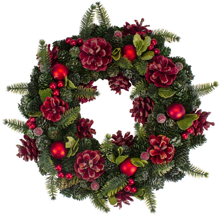 Red  Pine Cones and Ornaments Christmas Wreath  13" - Unlit