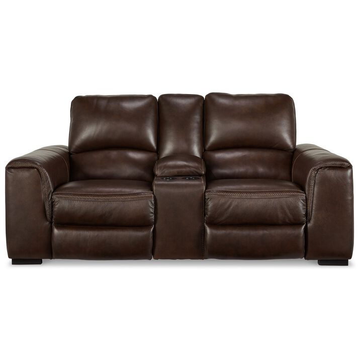 Sanco Power Recliner Loveseat, USB, Walnut Brown Grain Leather, 84in - Benzara