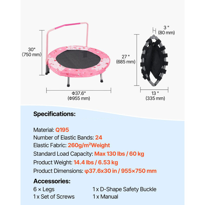 Foldable Kids Trampoline with Safety Handle, Mini Rebounder for Outdoor Toddler Play image number 2