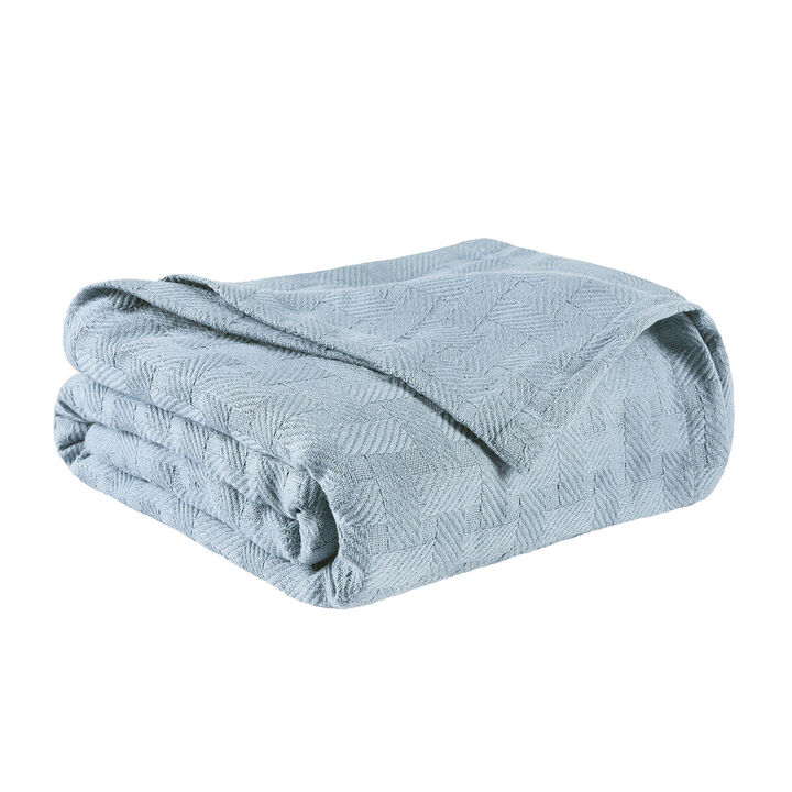 HomeRoots King Light Blue Cotton Basketweave Geometric Blanket