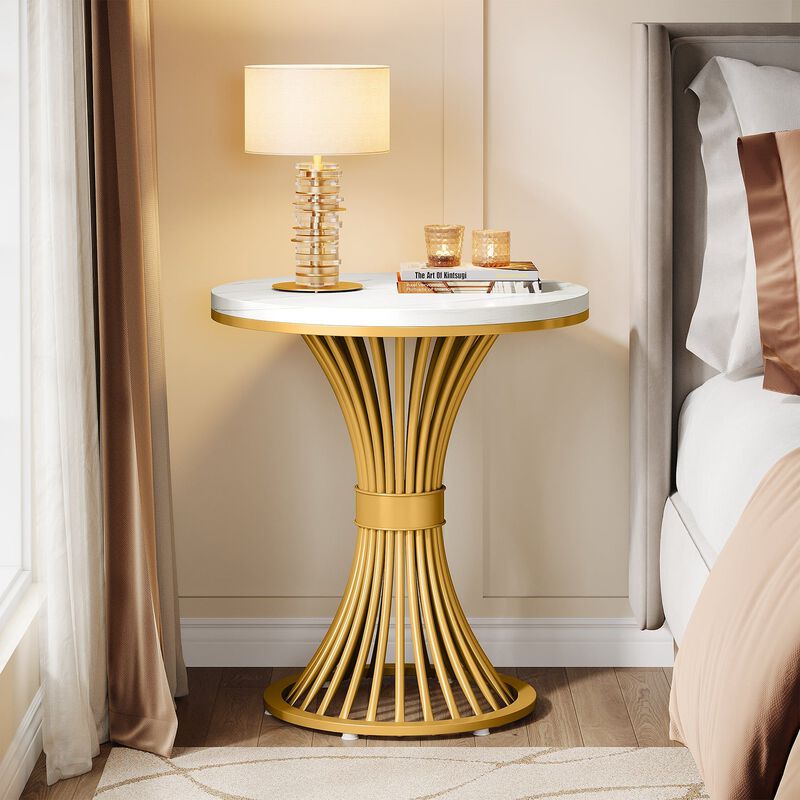 Faux Marble Round Side Table with Gold Metal Base, End Table image number 6