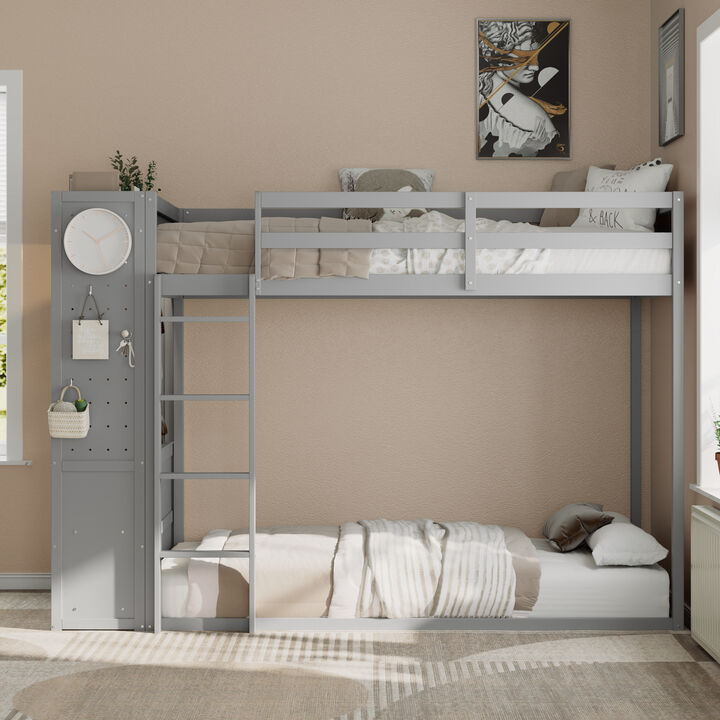 Whisen Twin Size Bunk Bed with 4 Drawers, Light & Pegboards, Wood, for Bedroom