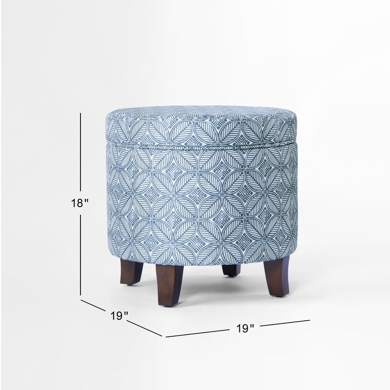 Loni Round Storage Ottoman, 19 Inch Indigo Blue Pattern, Walnut Brown image number 5