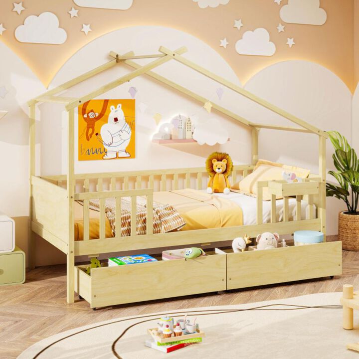 Hivvago Twin House Bed with 2 Storage Drawers and Roof & Fence Rails