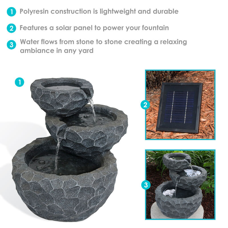 Sunnydaze 3-Tier Chiseled Basin Solar Water Fountain with Battery - 17 in