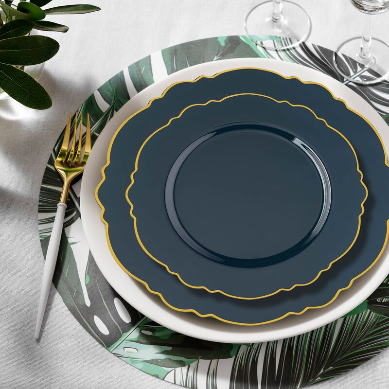 Navy with Gold Rim Round Blossom Plastic Dinnerware Value Set (40 Sets) image number 8
