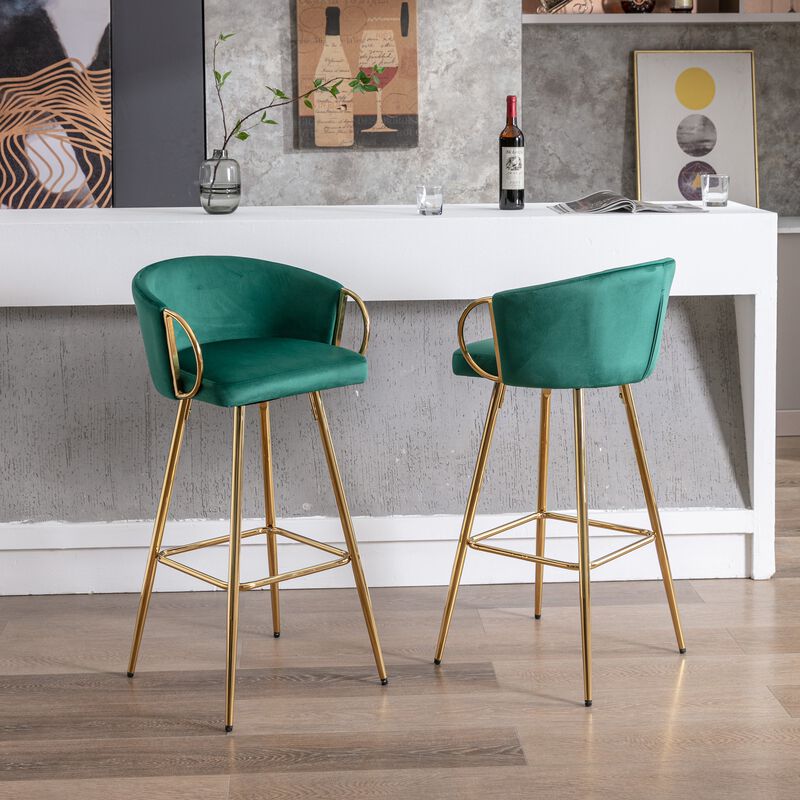 26 Inch Set of 2 Velvet Bar Stools with Chrome Footrest and Golden Base Counter Height Stools image number 3