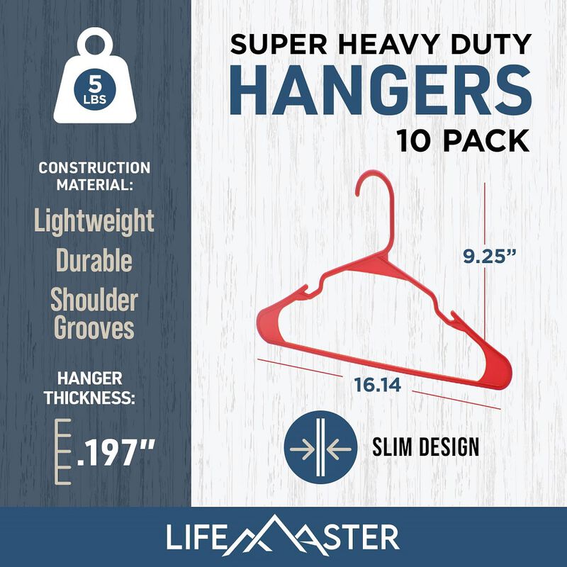 Plastic Clothes Hangers &ndash; Heavy Duty Hanger Set, for Organizing Clothes, Dresses, and Coat, Holds Up to 5 lbs, Space-Saving Hangers with Non-Slip Shoulder Grooves, Pack of 10, Red
