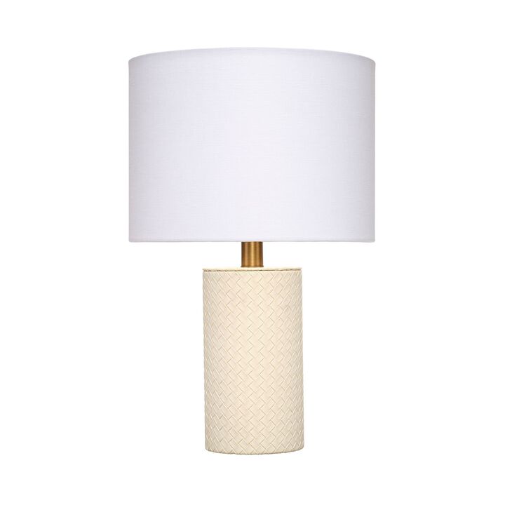 Myn Table Lamp, 18 Inch, White Linen Drum Shade, Cream Leather Base