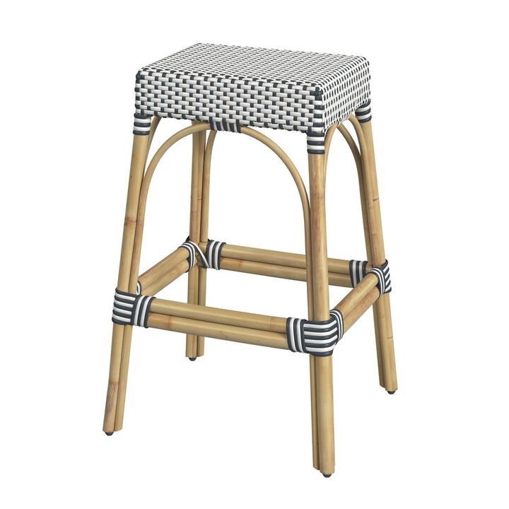 Butler Specialty Robias Rectangular Rattan 30 Bar Stool, White and Navy Stripe