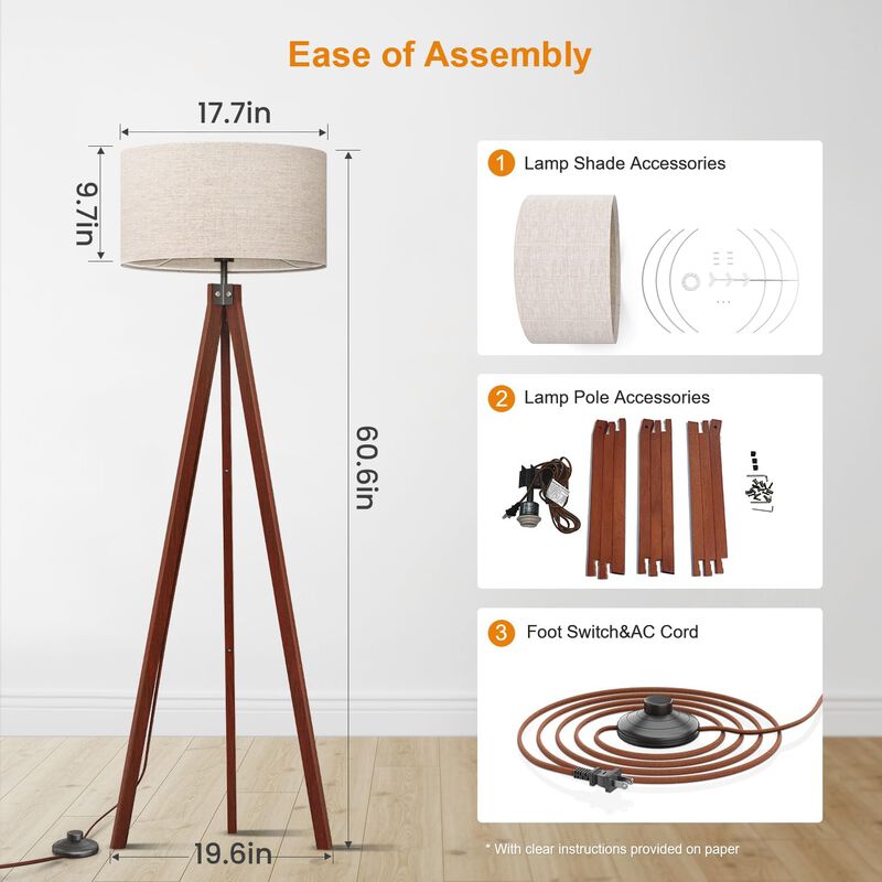 LEPOWER Wood Tripod Floor Lamp, Mid Century Standing Lamp, Studying Light for Living Room, Bedroom, Study Room and Office, Flaxen Linen Shade image number 2