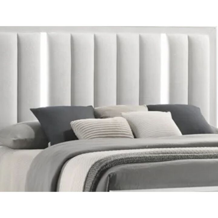 Ressy Queen Platform Bed with LED, Channel Tufted Upholstery, White Wood