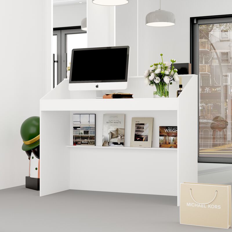 FUFU&GAGA Modern White Desk with Raised Shelf and Spacious Work Surface (47.2" W x 39.4" H x 19.7" D),White