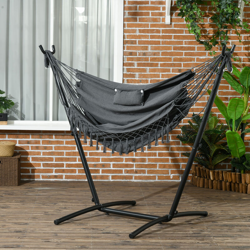 Outsunny Patio Hammock Chair with Stand, Outdoor Hammock Swing Hanging Lounge Chair with Side Pocket and Headrest, Dark Gray