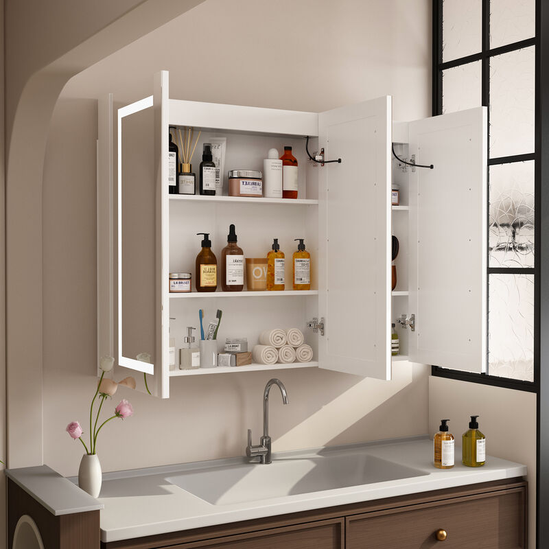 FUFU&GAGA LED Bathroom Mirror Cabinet with Independent Defogging and Adjustable Shelves (47.2" W x 35.4" H x 15.7" D), White